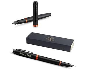 PARKER IM Vibrant Rings Pluma estilográfica con grabado, bolígrafo premium, caja de regalo, diseño de Pantrone azul, elegante, regalo personalizado, nombres, grabados, aniversario, cumpleaños (naranja