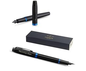 PARKER IM Vibrant Rings Pluma estilográfica con grabado, bolígrafo premium, caja de regalo, pantrona azul, noble, regalo personalizado, nombre, grabado, aniversario, cumpleaños (azul)
