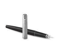 Parker Jotter pluma estilográfica, de color negro y tinta azul, con cuerpo de metal y plumín mediano, en estuche de regalo