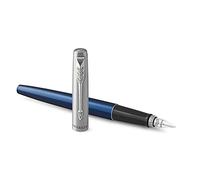 Parker Jotter pluma estilográfica, de color azul real y tinta azul, con cuerpo de metal y plumín mediano, en estuche de regalo