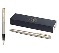 Parker Jotter Relleno Edelstahlschaft Con Goldzierteilen con Grabado Pluma Fuente Media Punta Caja Regalo 2030948 (Stainless Steel, Oro Trim)