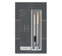Parker Set de regalo Jotter - bolígrafo y pluma, acero inoxidable, adorno dorado, tinta azul