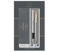 Parker Jotter set de regalo doble con bolígrafo y pluma estilográfica, acero inoxidable con adorno dorado, cartuchos y recambio de tinta azul, estuche de regalo