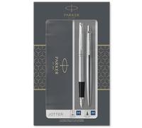 Parker Jotter set de regalo doble con bolígrafo y pluma estilográfica, acero inoxidable con adorno cromado, cartuchos y recambio de tinta azul, estuche de regalo
