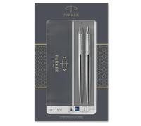 Parker Jotter set de regalo doble con bolígrafo y portaminas (0,5 mm), acero inoxidable con adorno cromado, recambio de tinta azul, estuche de regalo