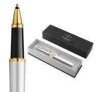 PARKER Meridian Boligrafo rollerball | Laca cromada con adornos dorados | Punta fina | Para escribir a mano y Material de papelería | Tinta Negra | Caja de Regalo de Lujo