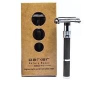 Parker Safety Razor 96R - Maquinilla de afeitar de seguridad de doble filo abierto de mariposa con mango largo gris grafito para hombre