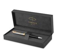PARKER Sonnet Bolígrafo | Premium metal y lacado brillo negro con acabado chapado en oro | Punta mediana con recarga de tinta negra | Caja de regalo