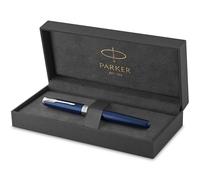 Parker Jotter pluma estilográfica, de color negro y tinta azul, con cuerpo de metal y plumín mediano, en estuche de regalo