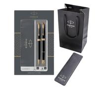 Parker Sonnet Duo Gift Set - Pluma estilográfica (punta de oro de 18 quilates) y bolígrafo - Negro brillante con ribete dorado - Con caja de regalo, bolsa de regalo de marca y estuche para bolígrafo