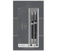 Parker Sonnet set de regalo doble con bolígrafo y rotulador roller, negro brillante con adorno cromado, cartucho y recambio de tinta negra, estuche de regalo