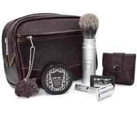 Parker Travel Shave Kit, bolsa de viaje de piel de búfalo, 5 cuchillas | Maquinilla de afeitar de seguridad portátil, cepillo de espuma de tejón puro, jabón de manteca de karité de sándalo