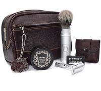 Parker Travel Shave Kit - Bolsa de viaje de piel de búfalo premium, maquinilla de afeitar de seguridad portátil con 5 cuchillas, cepillo de espuma de tejón puro y jabón de manteca de karité de sándalo