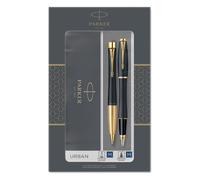 Parker Set de regalo Urban — Bolígrafo y pluma negro con adorno dorado, tinta azul, estuche
