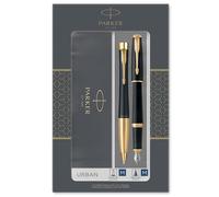 Parker Urban set de regalo doble con bolígrafo y pluma estilográfica, negro tenue con adorno dorado, cartucho y recambio de tinta azul, estuche de regalo