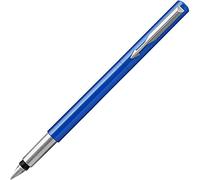 Parker Vector pluma estilográfica, color azul con adorno cromado, plumín mediano, tinta azul, en blíster