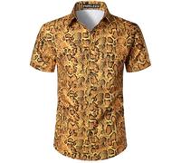 PARKLEES Camisa de manga corta con estampado de leopardo para hombre, informal, con estampado de guepardo, camisa abotonada, oro amarillo, S