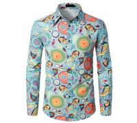 PARKLEES Camisa de manga larga con botones para hombre de algodón tipo lino con patrón tradicional estampado estilo disco retro de los años 70, Azul cielo, Large