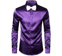 PARKLEES Camisa de manga larga de satén brillante similar a la seda para hombre, para fiesta, fiesta de discoteca, baile de graduación, morado oscuro, M