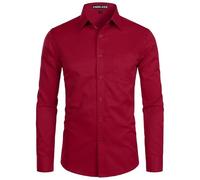 PARKLEES Camisa de manga larga para hombre, corte ajustado, para tiempo libre, negocios, boda, camisa con bolsillo, borgoña, L