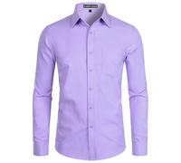 PARKLEES Camisa de vestir de manga larga para hombre, lisa, ajustada, casual, de negocios, formal, con botones, con bolsillo, Púrpura De La Lavanda, L