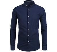 PARKLEES Camisa Oxford con cuello de abuelo para hombre, ajuste delgado, manga larga, casual, con botones, con bolsillo, Pz112-azul marino, L