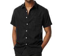 PARKLEES Camisas de manga corta con botones para hombre, sin arrugas, de lino, con textura, casual, vacaciones, playa, verano, Negro -, Large