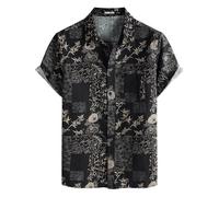 PARKLEES - Camisas retro de estilo vintage de los 70, con botones, de manga corta, casuales, de algodón y lino, para hombre, Flor Negro, XL