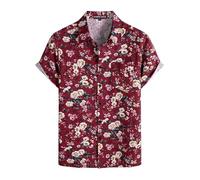PARKLEES - Camisas retro de estilo vintage de los 70, con botones, de manga corta, casuales, de algodón y lino, para hombre, Flor Roja., XXL