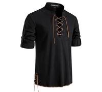 PARKLEES Disfraces renacentistas retro con cordones para hombre, camisas de manga larga para pirata, vikingo, medieval, Negro oscuro., L