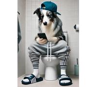 Parksmoonprints Impresión de Border Collie en el retrete - Imagen de perro en el teléfono celular, arte de pared divertido para baño, humor con cita de humor, regalo en el baño, Merle azul - Arte de