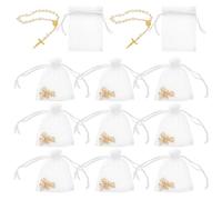 Parliky Pulsera Rosario Mini de Perlas Católicas con Cruz 12 Piezas en Color Dorado Falso y Blanco Tamaño 7X9 CM Kit para Recuerdos de Bautismo Comunión y Regalos Religiosos