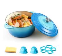 Parmedu Cazuela de Hierro Fundido Esmaltado 5,2L: Olla Holandesa Resistente con Tapa y Asas Azules, Accesorios de Silicona y Esponja, Ideal para Guisar, Cocinar al Vapor, Asar y Hornear