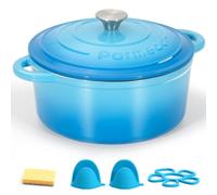 Parmedu Horno holandés de hierro fundido esmaltado, olla de 5.5 cuartos de galón con tapa, doble asa, utensilios de cocina resistentes para estofar, guisos, asar, hornear pan, azul océano