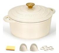 Parmedu Horno holandés de hierro fundido esmaltado, olla de 5.5 cuartos de galón con tapa, doble asa, utensilios de cocina resistentes para estofar, guisos, asar, hornear pan, color blanco crema