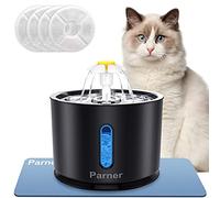Parner Fuente para Gatos, dispensador de Agua para Gatos con Ventana de Nivel de Agua, 2,4 l, Inoxidable, con 4 filtros higiénicos y 1 Alfombrilla de Silicona para Mascotas con luz LED, Color Negro