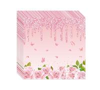 ParPix 20 servilletas de papel rosas para cumpleaños, 33 x 33 cm, diseño de flores, servilletas de cumpleaños con texto "Happy Birthday"