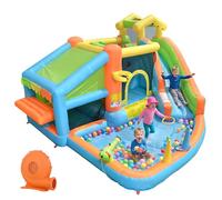 Parque acuático inflable para niños de 3 a 10 años, castillo hinchable con tobogán y cocina de juegos, canasta de baloncesto, piscina infantil, pistolas de agua, juego de lanzamiento de anillos