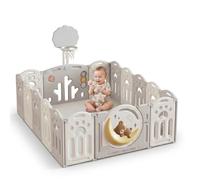 Parque Infantil 180x150cm Corralito para Juegos de Bebe Plegable con Puerta LED y Canasta con 20 Bolas y Paneles de Seguridad HDPE Sin BPA Parque Bebé Interior y Exterior Oso Luna Desarrollo Gateo