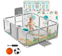 Parque Infantil Bebe + Alfombra de Juego + Pelota de Futbol y Baloncesto - Corralito de Bebé Plegable 180 x 120 x 60cm - Parque de Juegos Bebé Con Malla Transpirable (Gris con Alfombra)