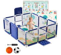 Parque Infantil Bebe + Alfombra de Juego + Pelota de Futbol y Baloncesto - Corralito de Bebé Plegable 180 x 120 x 60cm - Parque de Juegos Bebé Con Malla Transpirable (Azul con Alfombra)