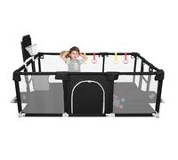 Parque infantil con red transpirable, base antideslizante, puerta de seguridad, centro de actividades interior y exterior para 0-6 años, 180 x 120 x 66 cm, color negro