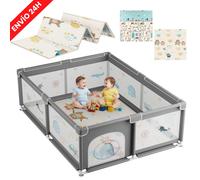 JUPPLIES Parque Infantil Bebe 150x180cm + Alfombra Bebe + Agarraderas + Canasta - Corralito Bebe con Malla Transpirable - Parque de Juegos Bebe Plegable con Puerta Lateral - Playpen Bebe - Gris