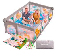 Parque Infantil para Bebé con Alfombra, 4 Agarraderas y Malla Transpirable - Corralito Plegable con Puerta Lateral y Diseño de Animales - Playpen para Bebé
