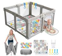 Parque infantil plegable con colchón, red transpirable 360°, 300D Oxford, zona de juegos segura para niños, interior/exterior, con bolsa, 50 pelotas, 4 tiradores (león, 150 x 150 x 70 cm)