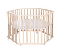 Parque infantil roba hexagonal + colchón protector gris 'Lil Planet' - parque de juegos hexagonal de haya ecológica - regulable en altura en 3 niveles - madera maciza
