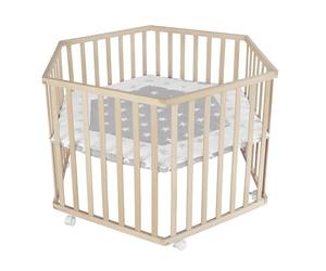 Parque infantil roba hexagonal con colchón del diseño 'Little Stars' - haya maciza - parque regulable en altura en 3 niveles - móvil y seguro gracias a las ruedas con freno - madera natural