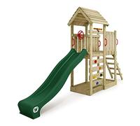 Parque Infantil WICKEY JoyFlyer con Techo de Madera y tobogán Verde, Torre de Escalada para niños de Exterior con arenero, Escalera y Accesorios de Juego para el jardín