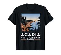 Parque Nacional Acadia Retro Maine Senderismo Arte Vacacional Camiseta