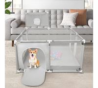 Parque para cachorros con puerta y cesta de baloncesto, adecuado para cachorros o perros pequeños, valla robusta de tela Oxford y malla de nailon de alta resistencia (gris claro, 126 x 126 cm)